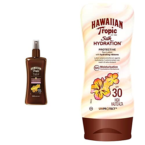 Hawaiian Tropic - Protective Dry Oil Spray - Aceite bronceador - 200 ml + Silk Hydration Protective - Loción Solar Protectora con Cintas de Seda Hidratantes y