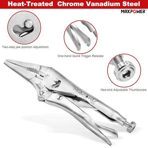 Image of MAXPOWER Locking Pliers Set, 9 inch Long Nose & 10 inch Curved Jaw Locking Pliers, Wide Opening Two-Position Opening Adjustment - 2 Pack