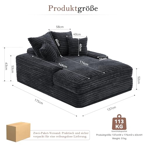 MOBETTRES Cord Sofa, modernes Design, 4 Kissen, ultraweiches & multifunktionales Schlafsofa, ohne Montage sofort nutzbar als Sofa oder Bett, platzsparend für Wohnzimmer, Apartment, Grau.
