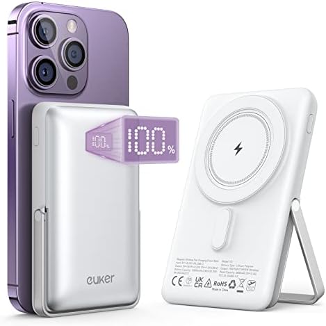 Euker Wireless Portable Charger 10000mAh Magnetic Fast Charging Power Bank, PD 20W Mag-Safe Battery Pack with LED Display and Foldable Stand for iPhone 13&12/Pro Max/Pro/Mini, Blue