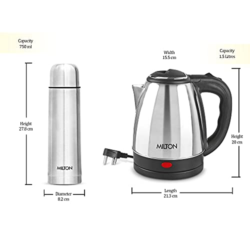 Image of Milton Go Electro Stainless Steel Electric Kettle 1500+Flip Lid 750 Thermosteel Bottle, Super Fast Boiling with 3X Protection Kettle-Overheat, Dry Boil Protection, Leak Proof, Vacuum Insulated, Silver