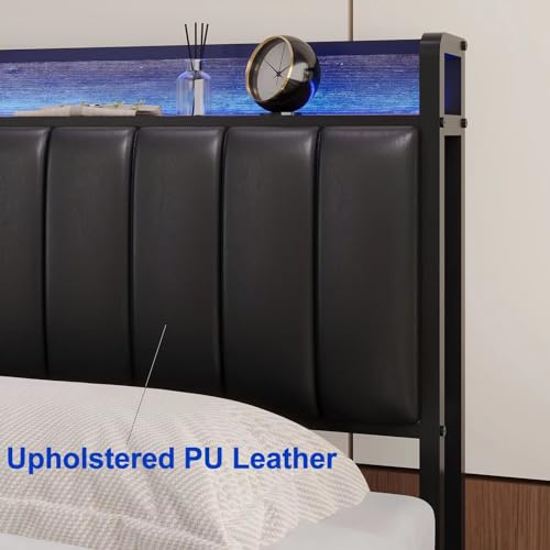 Image of Queen Size Upholstered Headboard with LED Lights & Charging Station, PU Upholstery, Queen Headboard Only, Height Adjustable, Attach Frame, Sturdy and Stable, Easy Assembly