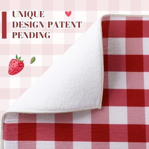Image of Domensi 2 Pack Strawberry Microfiber Dish Drying Mat Absorbent Reusable Washable Extra Large Kitchen Counter Draining Mat Red Gingham Pad for Coffee Bar Kitchen Decor 18x24 Inch