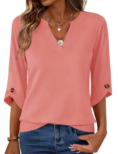 Kistore Blouses for Women Dressy Casual 3/4 Sleeve V Neck Tops Dress Shirts for Work Office Coral Pink L