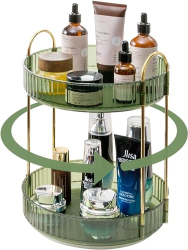 Image of 360 Rotating Makeup Organizer, Bathroom Make Up Spinning Holder Rack, Large Capacity Cosmetics Storage Vanity Shelf Countertop, Fits Cosmetics, Perfume, Skincare, Lipsticks (2 Tier, Green)