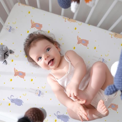 Image of Little Grape Land 4 Pack Crib Sheets for Baby Girls,52 inch x 28 inch | Fitted Baby Toddler Sheets and Crib Mattress Sheet,Soft&Breathable,Machine Washable, Fairy & Bunny