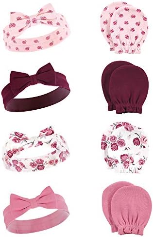 Hudson Baby Infant Girl Cotton Headband and Scratch Mitten Set Rose, 0-6 Months