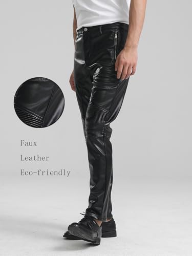 Men`s Motorcycle Biker Riding Pleated PU Faux Leather Pants with Zipper Closure3