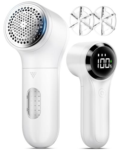 FrSara Fabric Shaver Rechargeable Lint Remover 3-Speed Electic Lint Shaver 6-Blade Sweater Shavers to Remove Pilling Battery Powered with LED Display for Furniture Clothes Upholstery White