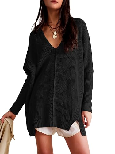 SuperPrity Womens Sweaters V Neck Long Sleeve 2024 Fall Oversized Front Slit Knit Pullover Sweaters Top Casual Trendy Clothes