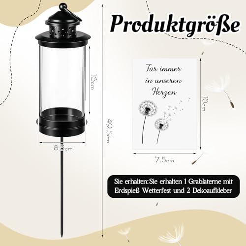 Nezyo Grablaterne mit Erdspieß Grablaterne Friedhof Wetterfest 49,5 cm Laterne auf Stab mit 2 Blatt für Immer in Unseren Herzen Aufkleber Grabschmuck Grablampe Modern für Grab Deko