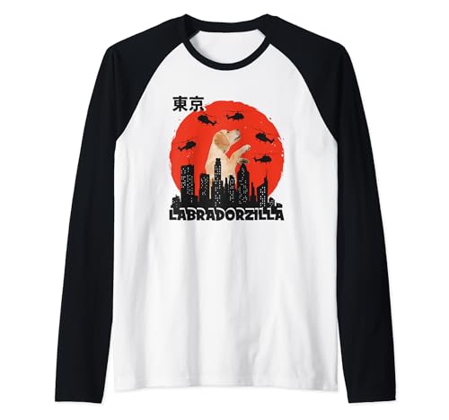 Labradorzilla Retriever en Tokio Divertido Golden-Retriever Camiseta Manga Raglan