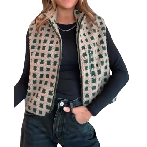 Women's Checkered Fleece Vest Zip Up Sleeveless Sherpa Jackets Casual Stand Collared Cardigan Gilet with Pocket