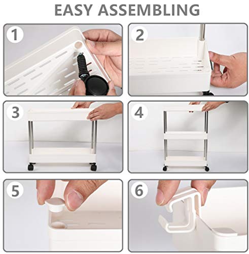 EXILOT Slim Storage Cart, 3 Tier Bathroom Organizers Slide Out Storage Shelves Mobile Shelving Unit Organizer Rolling Utility Cart with Casters Wheels for Bathroom Kitchen Laundry Narrow Places