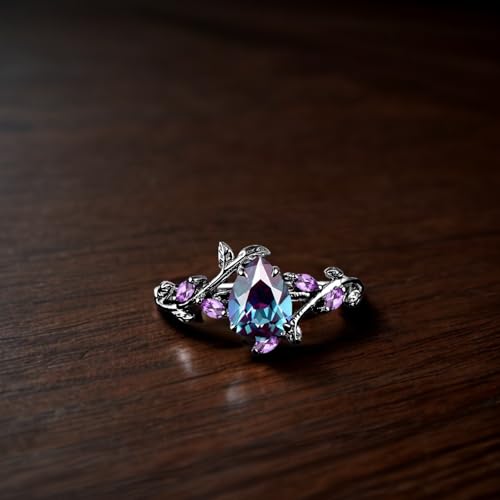 S925/10K/14K/18K Solid Gold Pear/Oval/Long Hexagon/Kite Shape Alexandrite Engagement Ring Set Leaf Art Deco Unique Vine Gemstone Wedding Anniversary Gothic Black Gold Bridal Ring Set2