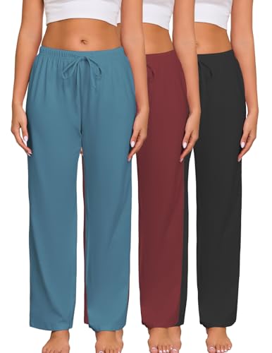 Image of Mothers Day Gift for Mom 3 Pack 100% Cotton Women Pajama Pants Elastic Waist Drawstring Loose Fit Lounge Sleep Pants