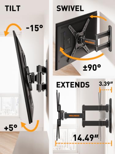 Image of Perlegear Full Motion TV Wall Mount for 26-50 inch TVs up to 55 lbs | Rotation, Extension, swivel, tilt, level, heavy-duty steel, single-stud design, perfect for corners, max VESA 300x300mm