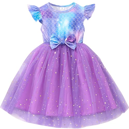 Girls Tulle Tutu Dress Mermaid Toddler Flutter Sleeve Bowknot Party Sundress Baby Kids Princess Summer Outfits Blue 4-5 Years/1638