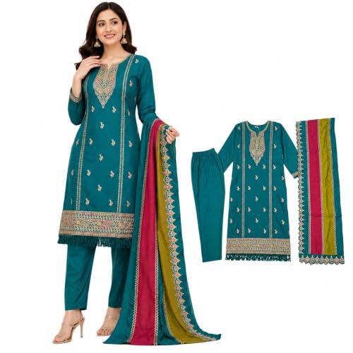Image of Women's Embroidered Pant with Dupatta Set Ethnic Straight| Traditional Elegant Embroidery Work | Regular Fit | Three-Piece Ethnic Dress Set