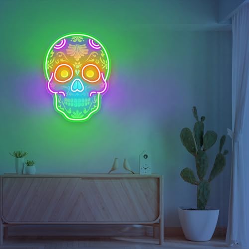 Image of Sugar Skull Neon Sign Sugar Skull Mexican LED Light Calavera Decoration Mexican Decor Sign Day Of The Dead Dia De Los Muertos Decor (24x18'' - Mix 3 Color)