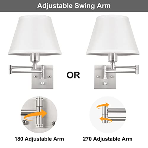 Image of TRLIFE Wall Sconces Plug in, Remote Control Dimmable Wall Sconce and Adjustable Color Temperature 2700K-6500K, Swing Arm Wall Lights with Plug in Cord, 9.4 inch Medium White Fabric Shade(2 Pack, 2 Bulbs)