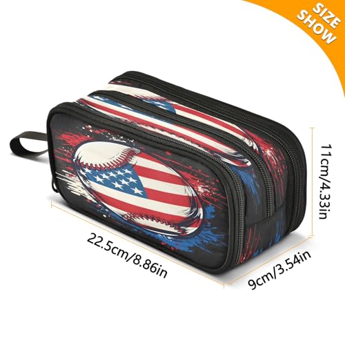 Image of American Flag Baseball Pencil Case 3 Compartment Pen Bag Pouch Holder Box School Portable Stationery Storage Bag for Girls Boys