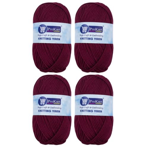 Image of ProKart Premium Woolen 4 ply Hand Knitting Wool Yarn | Fine Weight Knitted and Crocheted Soft Yarn for Sweater, Scarf, Hat, Baby Clothes, Baby Sports, Purse, Gift Bags & DIY Craft Accessories Projects (1 Ball /100 Gram Each) (Maroon, 100gms x 4 Pack)