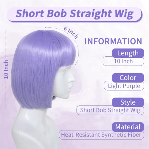 kuttolee Light Purple Bob Wig Short Bob Wigs Straight Hair with Bangs for Women Girl Men, Colorful Funny Cosplay Daily Party Neon Wig Synthetic Natural As Real Hair Carnival Halloween Costume — view 2