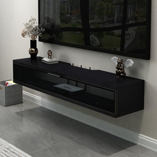 Meuble TV flottant noir 120cm avec tiroirs et rangements pour salon