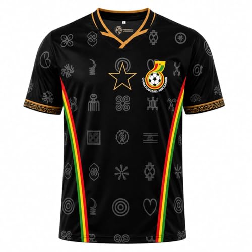 Ghana Football Jersey Black with Gold Map Flag Stripe and Adinkra Symbols V-Neck Soccer Shirt (US Alpha Large Regular Regular)