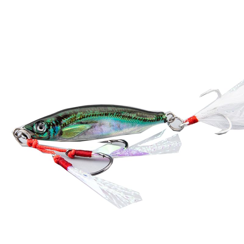 1pcs 3d Glow Fishing Lures With Assist Hook And Triple Hook, With Shimmering Fibers Iron Plate Fishing Bait, Artificial Hard Bait For Saltwater Freshwater Fishing, weight 40g