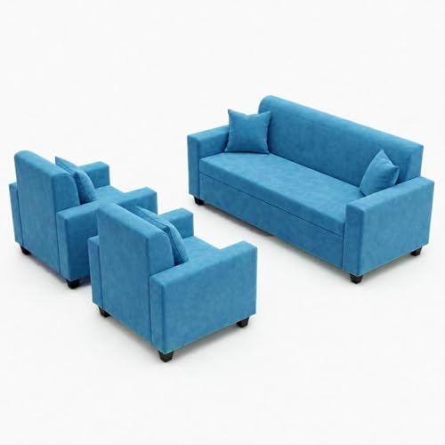 Image of FURNY QualityWood 3 Seater + 1 Seater + 1 Seater Fabric Sofa Set (Aqua Blue) with Velvet Finish | Durable Comfort | Ideal for Living Room