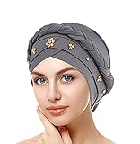 min-bmao Turban Damen Kappe Muslim Beanie Mütze Stretch Damenturban Chemo-Kopfbedeckung Scarf Cap Mit Strass Frauen Hut Chemo Haarausfall Kopftuch Wrap Hijab für Fasching Alltagsmode Freize, Grau