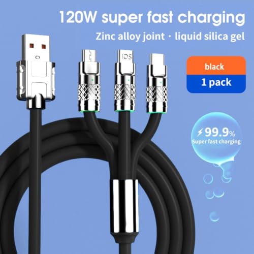 Image of KUZOOM Multi Charging Cable, 3 in 1 Charger Cord, 120W USB-C Fast Charge, 3.3ft Universal Charging Cable with iOS /Type-C /Micro USB for Phones, iPad, MacBook - Black