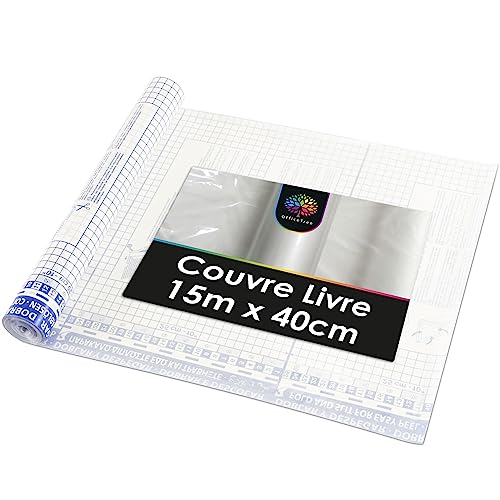 OfficeTree 15m x 40cm Couvre Livre Autocollant - 60μ Fort - Rouleau Couvre Livre Adhesif Transparent - Protege Livre Adhesif - Couverture Livre Transparent...