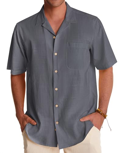 Image of Alimens & Gentle Mens Linen Shirts Cotton Hawaiian Shirts Short Sleeve Button Down Shirts Casual Summer Beach Tops