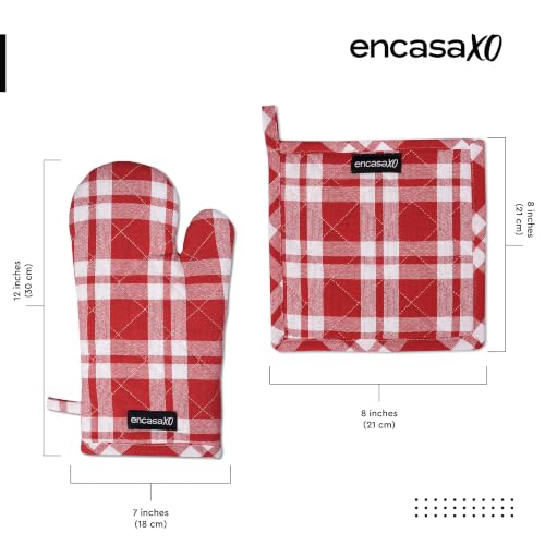 Image of Encasa XO Heat Resistant 100% Cotton Oven Glove & Potholder Set with Loop, Kitchen Cooking Mittens, Microwave Safe Hot Pads (Franca Red Checks)