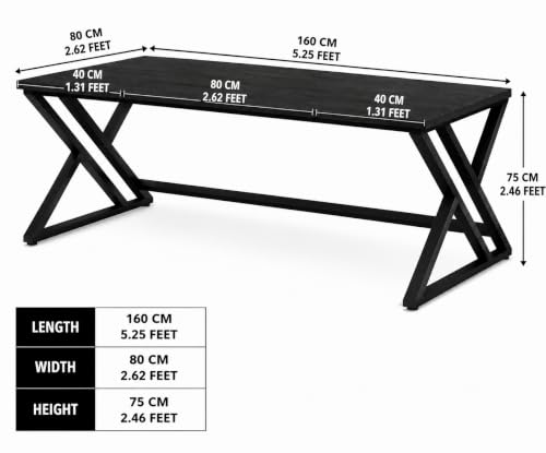 Image of Modern Industrial Computer Desk | Extra Long, Home Office Study Writing Table | Wooden Workstation with Metal Frame | Executive Gaming Desk | Black | 160x80x75 cm