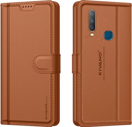 Image of KIVANO LUXE Compatible for Vivo Y17 / Vivo Y15 / Vivo Y12 / Vivo U10 / Vivo Y11 Luxury Handmade Leather Magnetic Flip Folio Case | Card Holder & Kickstand | Slim Protective Cover | Unisex - Brown