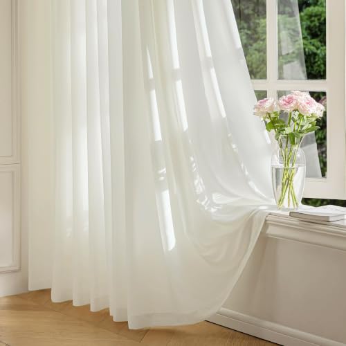 Image of FMFUNCTEX Beige Sheer Curtains, 108 Inch, Rod Pocket, 2 Panels for Bedroom | Semi Sheer Airy Drapes, Faux Silk That Let Light,Non-See-Through Light Filtering Curtains Privacy for Bedroom & Living Room