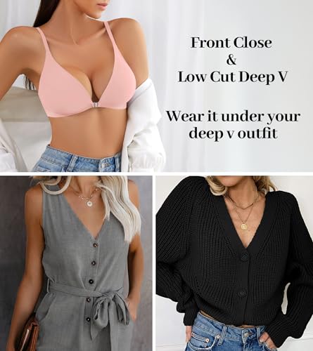 Image of DEANGELMON Front Closure Bras for Women Wireless Lightly Padded Bralett Seamless Low Cut V-Neck Lightweight T-Shirts Bra