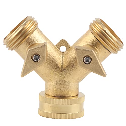 Two Way Brass Garden Hose Splitter - Heavy Duty Outlet Splitter Compatible with NPT 3/4 Garden Hose - Dual Ball Valve with Adjustable Water Flow - All Brass Material for Dual Tap