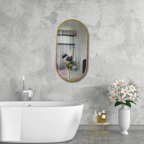 Image of Modern Elegance Capsule Shape Wall-Mounted Mirror Metal Framed Wall Mirror Bathroom Mirror Living Room Mirror Home Decor Mirror 18 x 36 Inches Golden MF 111