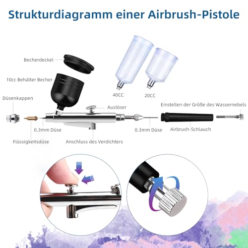 Daakro Airbrush Set, Spritzpistole mit Kompressor 38PSI Kabelloses Airbrush-Kit, Kuchendekoration, Nagelkunst, Tattoos, und Gesichtsbemalung