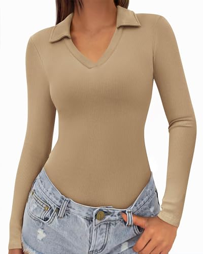 KIRUNDO Polo Shirts for Women Long Sleeve Business Casual Tops 2026 Spring Fall Ribbed Knit Collared V Neck Slim Work Blouses(Khaki, X-Small) — view 3