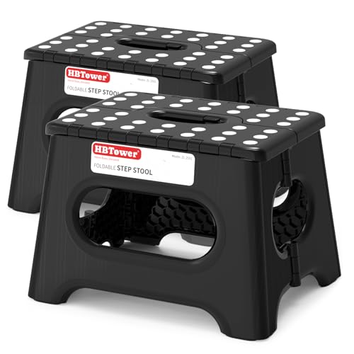 Image of HBTower Folding Step Stool 9 Inch - Holds 600 lb, Non-Slip Surface & Carry Handle - Sturdy Step Stool for Kids, Toddlers & Adults - Compact Foldable Foot Stool for Kitchen, Bathroom, Bedroom(2pcs)