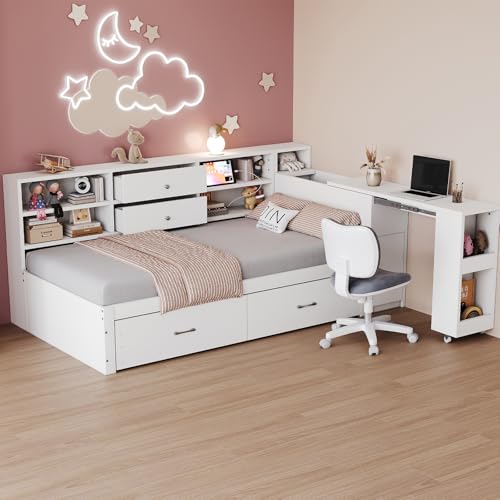 Sofá cama multifuncional de madera de 90 x 200 cm – Cama juvenil con escritorio extensible, espacio de almacenamiento y estantes, 2 cajones grandes y enchufe, cama funcional de madera que ahorra