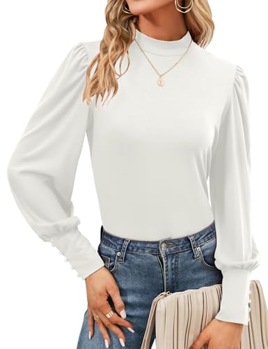 Tisfeer Damen Bluse Langarm Rollkragen Tops Elegant Damenbluse Locker Casual Oberteile Basic Puffärmel Shirt Tunika (S,Weiß)