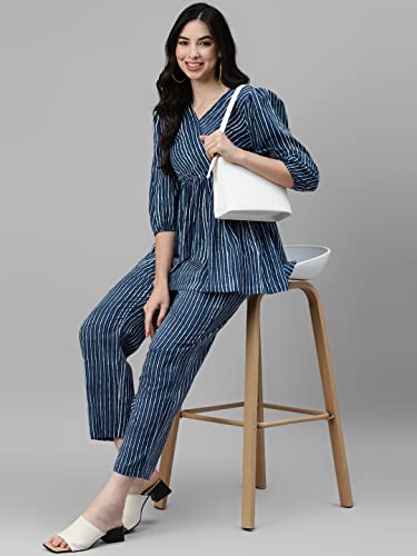 Image of DEEBACO Women's Stripe Print Cotton Flared Tunic & Pants Set|V Neck Top & Elasticated Waist Pant Western Casual Wear Indigo Relaxed Fit Cord Set Outfit for Ladies (DBCOMR00000802 XL Navy Blue)