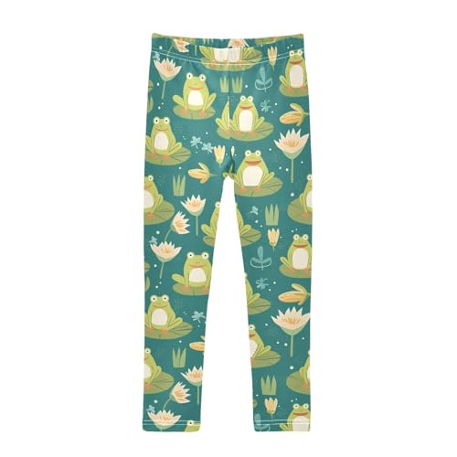 Cute Cartoon Frogs Girls' Leggings Toddler Doodles Lily Pads Kids Yoga Pants Dance Active Tights 7-8T Multi